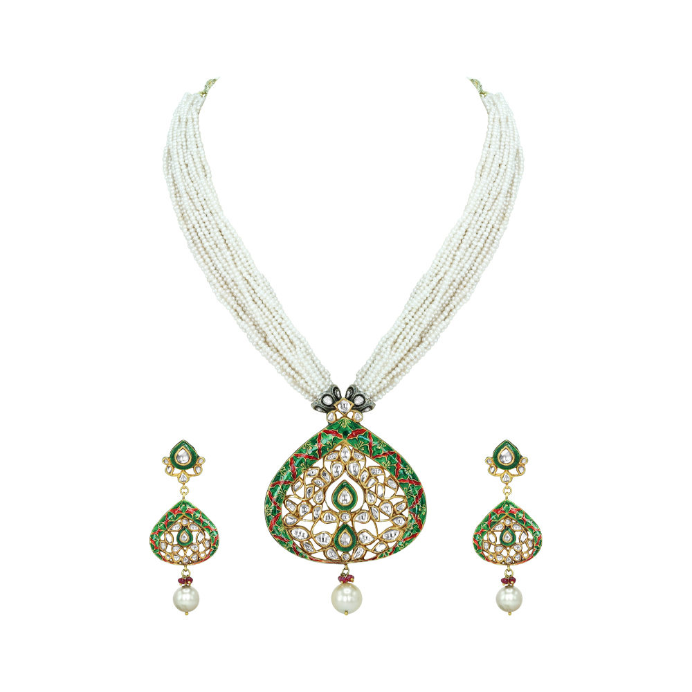 Polki Necklace Set with Green Enamel, Pearl Strands, and Drops